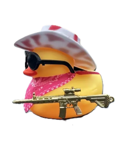 Cool Duck Желтый утенок в белой розовой шляпе с винтовкой.