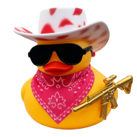 Cool Duck Желтый утенок в белой розовой шляпе с винтовкой.