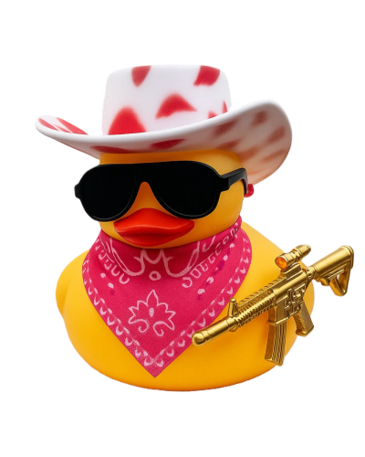 Cool Duck Желтый утенок в белой розовой шляпе с винтовкой.